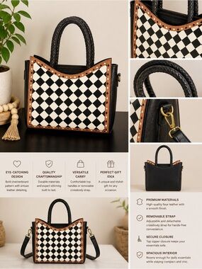 Women’s Checkerboard Top-Handle Tote Bag in Black, White & Brown